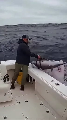 An AI-generated video of a large great white shark explosively leaping from the water to attack a man sitting in a small boat.
