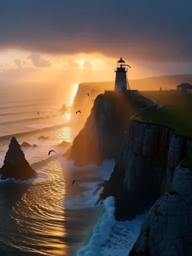 AI-generated lighthouse cliff sunset video with waves, cliffs, and birds
