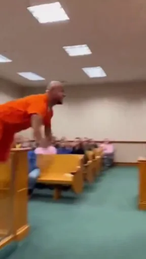 An AI-generated video of a man in orange clothes jumping out of his place in a courtroom and tackling the judge.