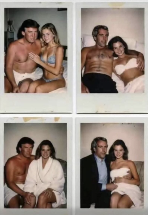 An AI-generated image of 4 polaroids depicting Donald Trump and Jeffrey Epstein sitting with young women.