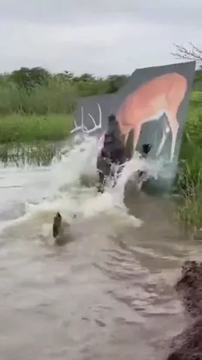 An AI video of a crocodile trying to jump out off the water and attack the deer. What seems to be a deer is a cardboard figure standing near water