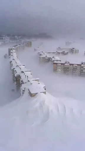 An AI-generated video depicting apartment buildings in a city almost completely buried under snow.