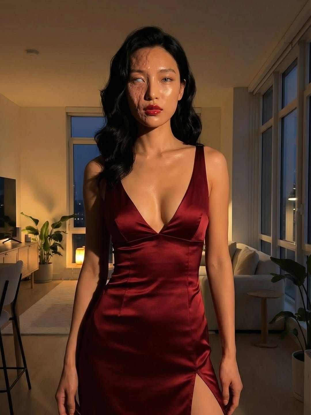 An AI-generated image of a beautiful young woman with a scar on her face.