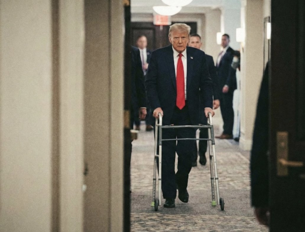 An AI-generated image of Donald Trump walking down the hallway with a walker