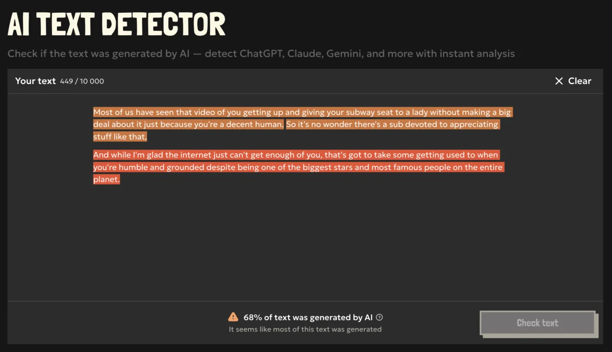 Results of AI text detection. The tool highlights the text’s fragments with yellow and red colours.