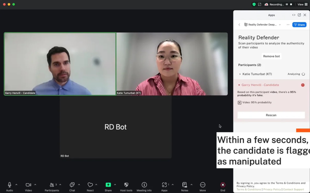 Zoom call screenshot showing the Reality Defender app in work analyzing the video of one of the participants.