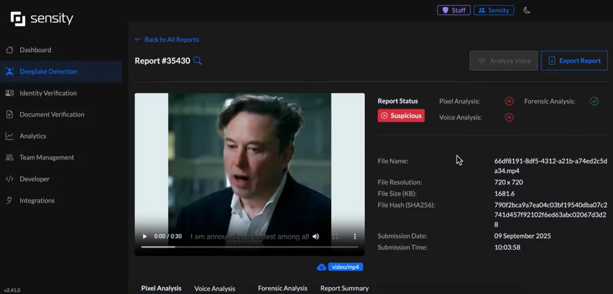 Sensity AI interface screenshot with the detection result of Elon Musk deepfake reported as suspicious by the detector