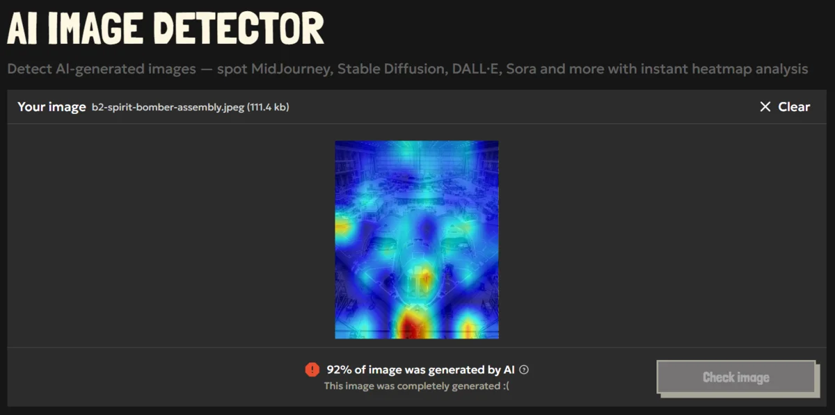 AI detection result of an AI-generated image of a military bomber plane
