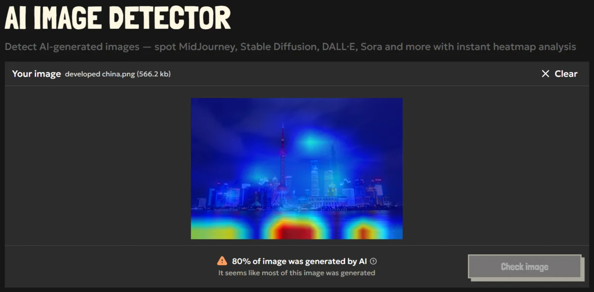 AI image detection result with an AI signature heatmap pattern