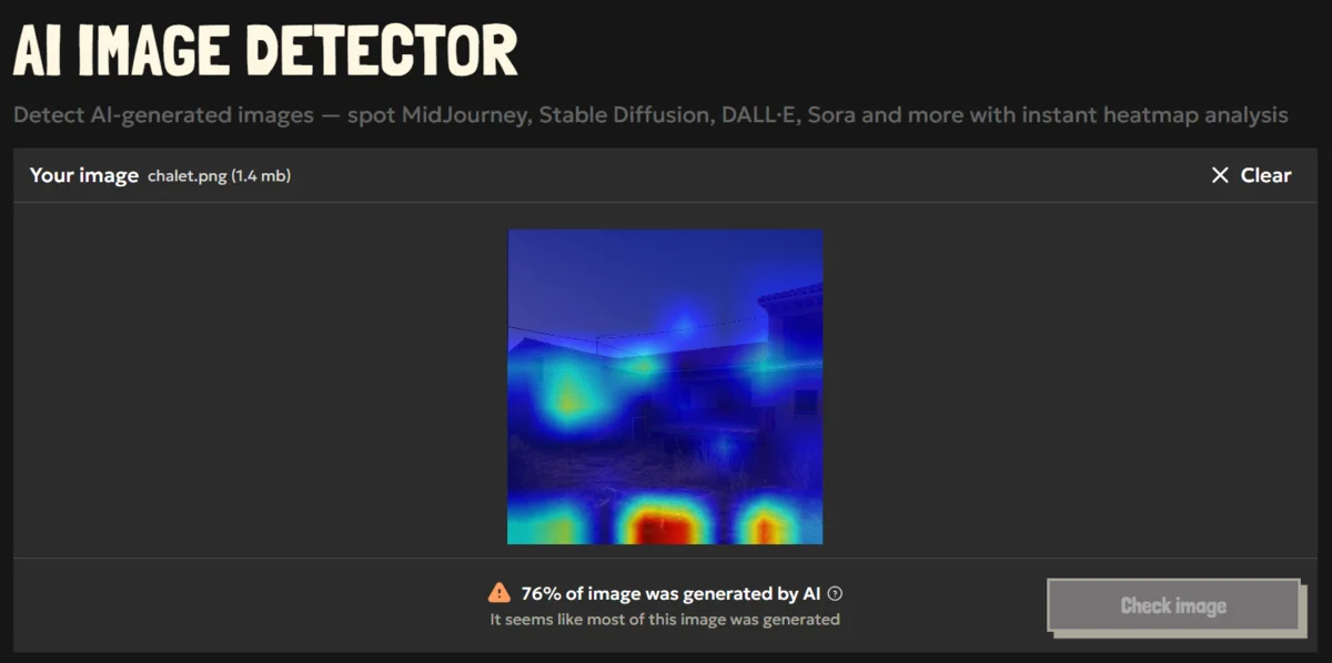 AI image detection result with an AI signature heatmap pattern