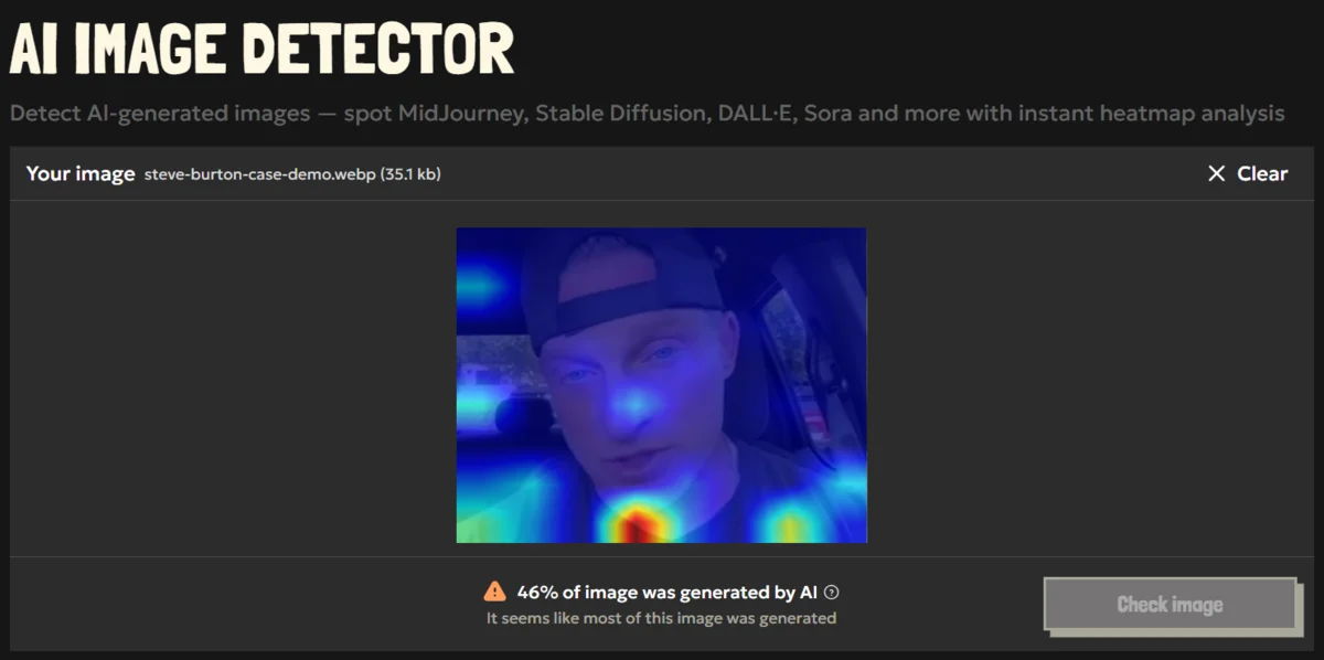 AI image detection result of Steve Burton romance scam screenshot