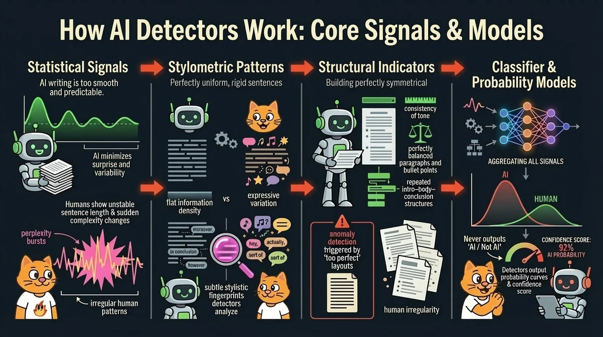 How AI detectors work: statistical signals, stylometric patterns, structural indicators, and classifier probability models.