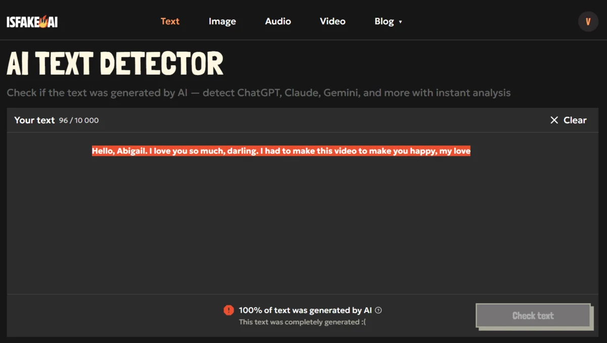 AI generated text detection of Steve Burton deepfake script phrases.