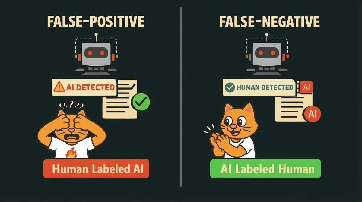 False positive AI detection vs false negative AI detection: human text labeled as AI versus AI labeled as human.