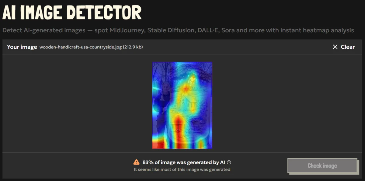 AI-detection result of an image capturing a girl with her wooden handicraft