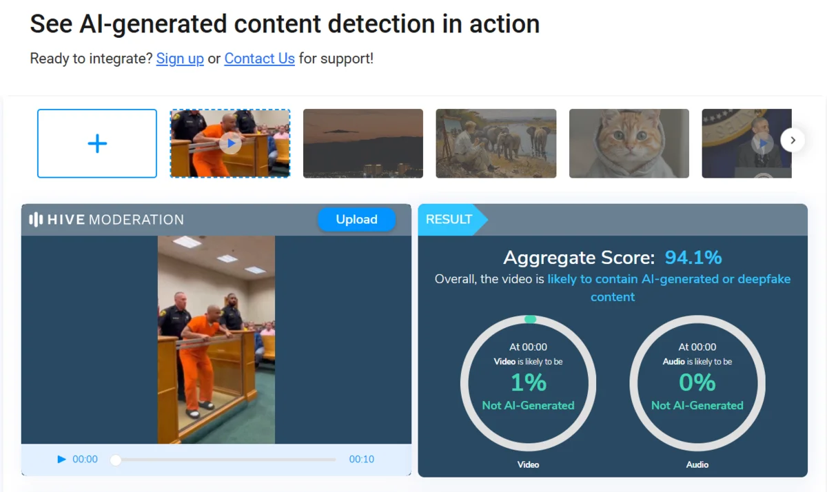 Hive AI interface screenshot showing the detected video and scan results