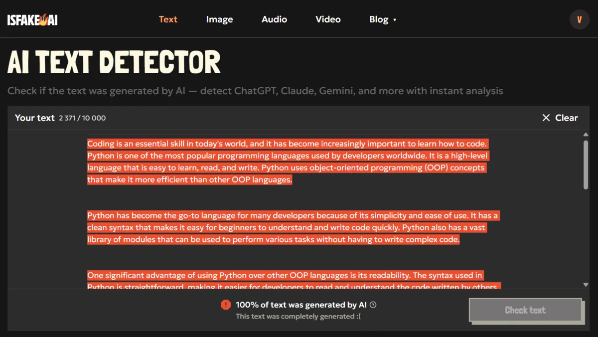 AI generated content detector analyzing essay on Python coding.