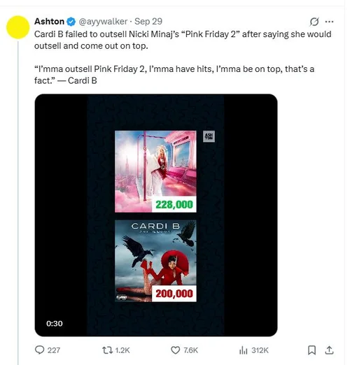 X post with cloned Cardi B voice and comments on Nicki Minaj album