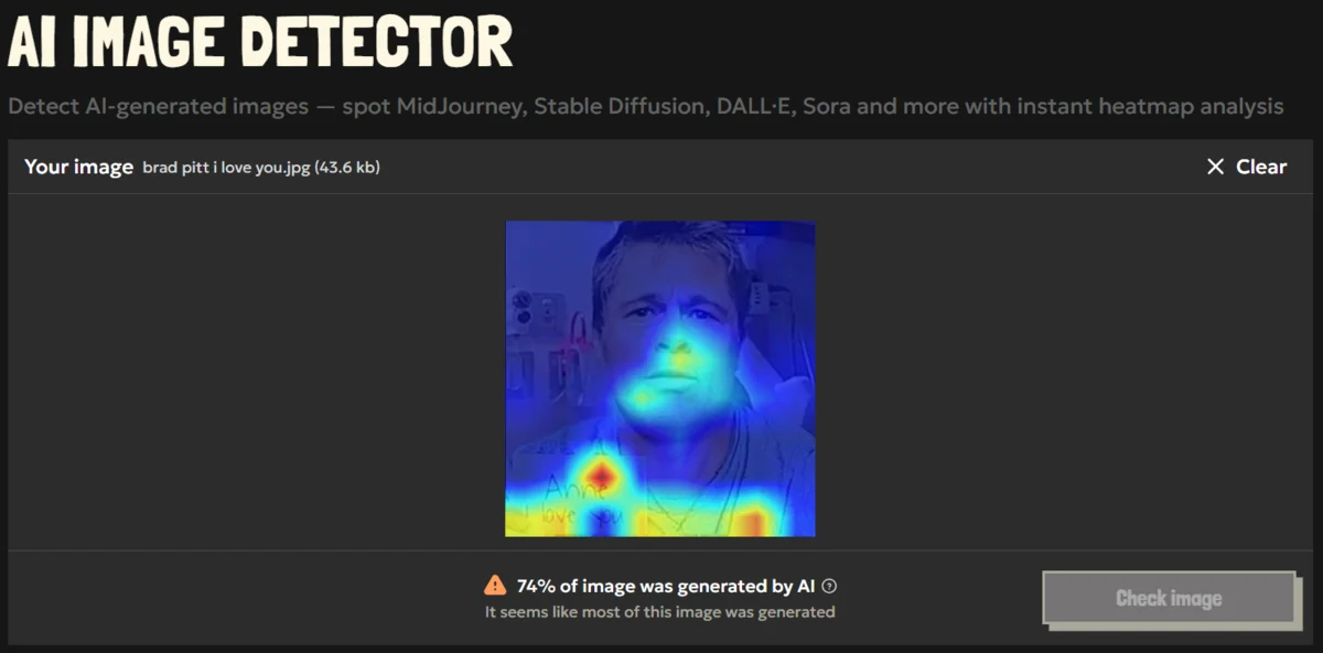 AI image detection result of Brad Pitt romance scam in a hospital