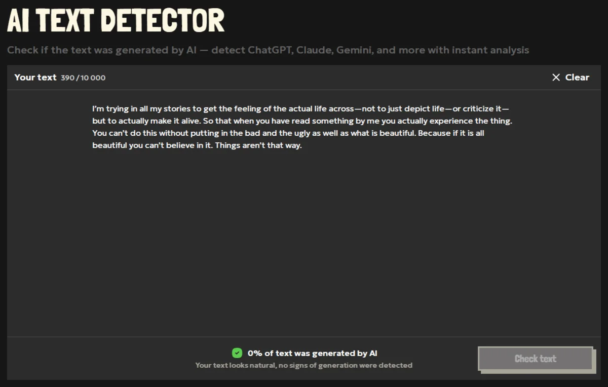 The detection result of a text by Ernest Hemingway.
