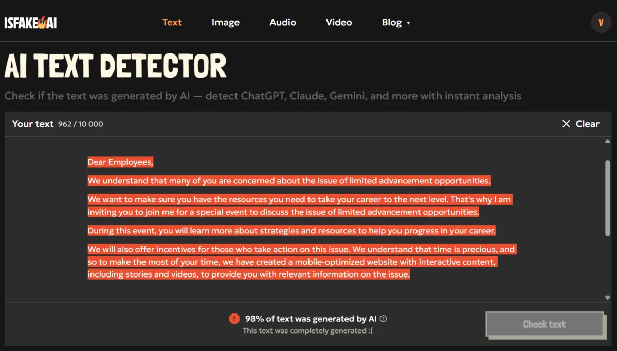 AI text detector identifying AI-generated phishing email with highlighted suspicious text.