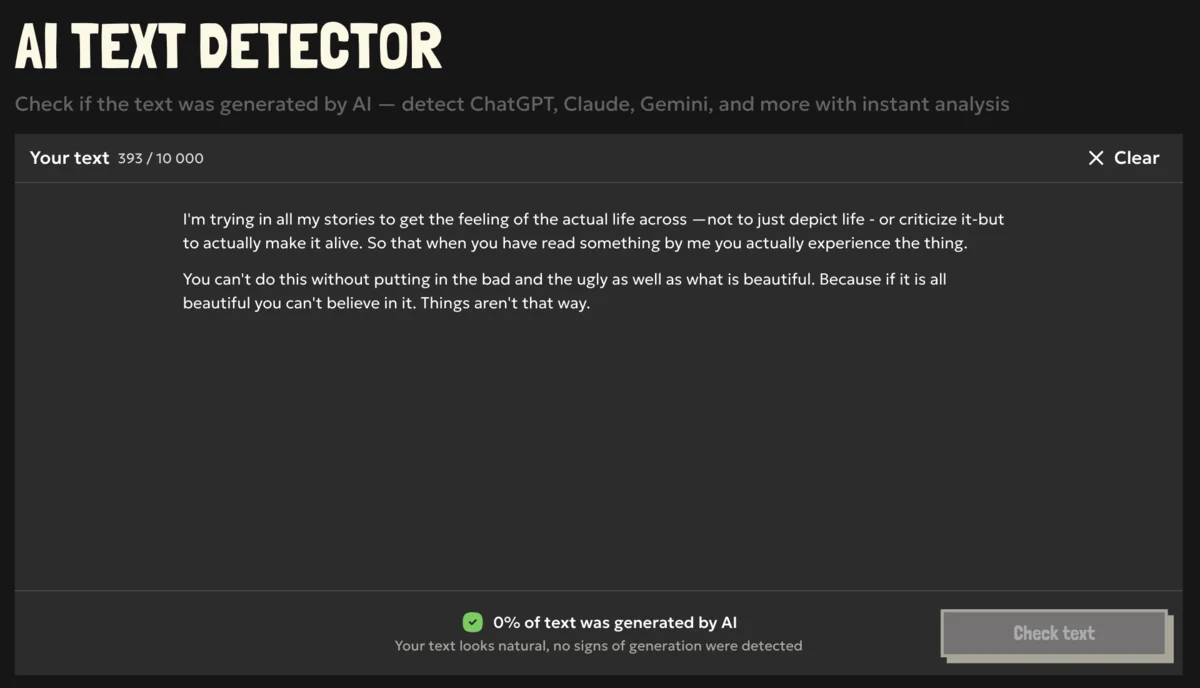 Results of AI text detection. The text is not highlighted.